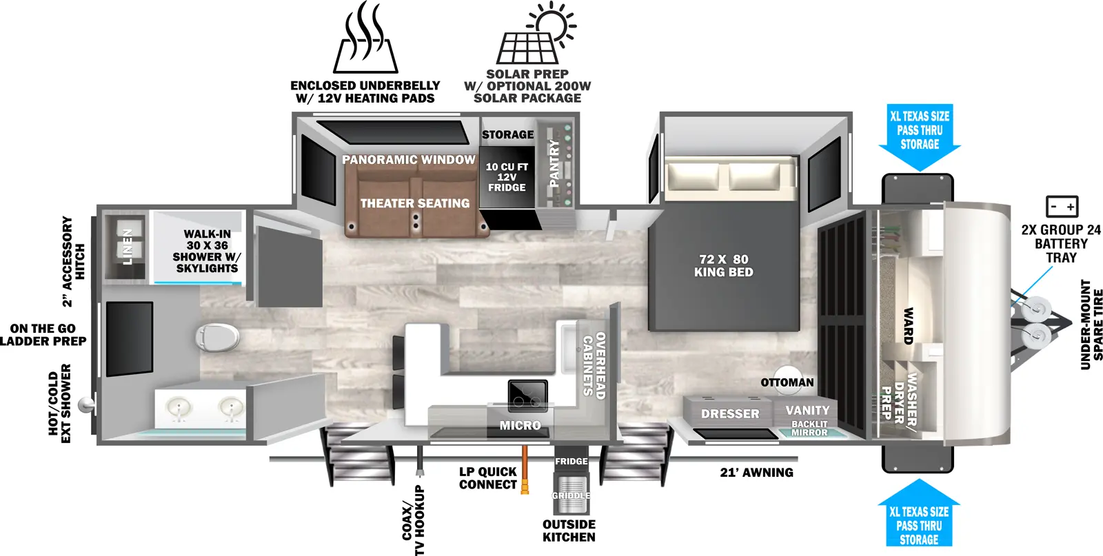 The Hemisphere Travel Trailers 265BSRB floorplan has two entries and two slide outs. Exterior features include: fiberglass exterior, 21' awning and outside kitchen. Interiors features include: front bedroom and rear bathroom.